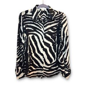 Vintage Jack Mulqueen Size 10 Black White Zebra Print 100% Silk Button Down Top